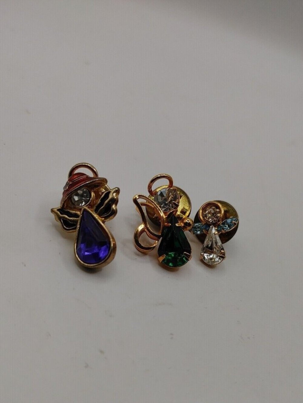 Lot Of 3 Tie Tacks Angels Rhinestones Gold Tone purple Green Clear Colorless